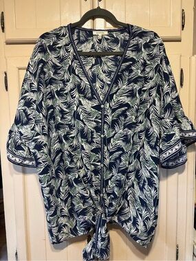 Women's Max Studio - Navy Leaf-Print Button Tie Front Shirt